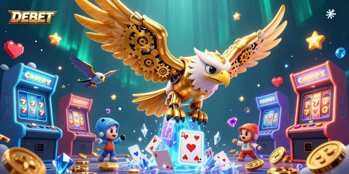 Experience the thrill of DEBET as a cybernetic eagle dives through holographic slot games and vibrant casino elements.