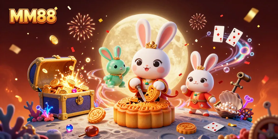 Experience MM88's vibrant world with the moon rabbit showcasing poker chips amidst festive fireworks.