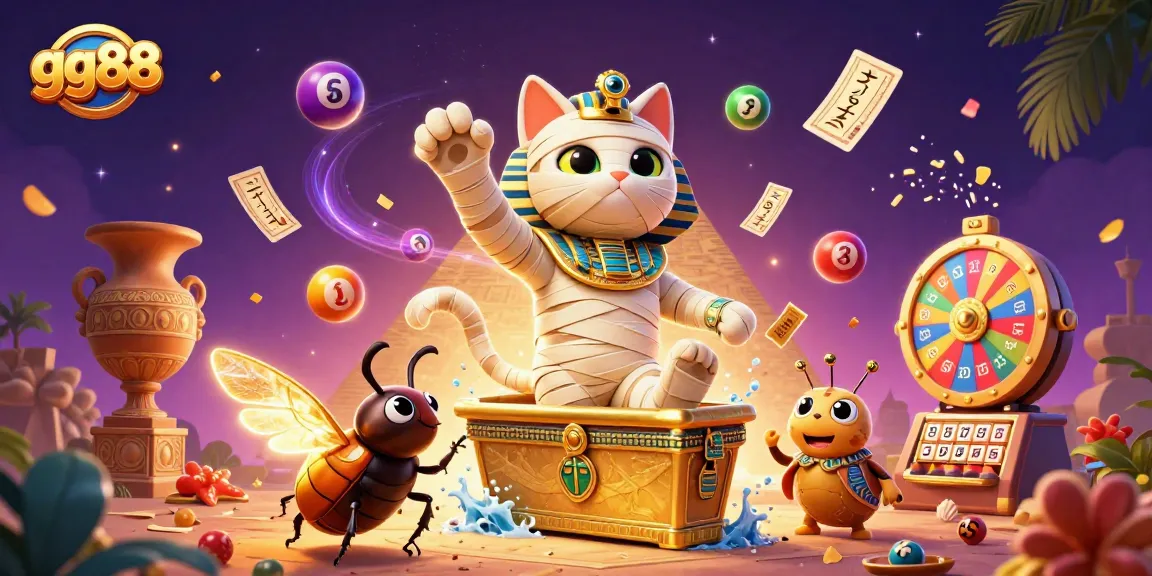 Engage with gg88's vibrant gaming scene featuring dynamic lottery elements and a magical pyramid casino.