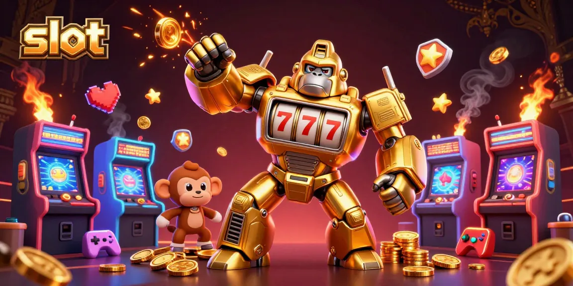 Slot berkualitas tinggi dengan karakter gorila mesin, mengeluarkan uang koin dari tangan petarungnya.
