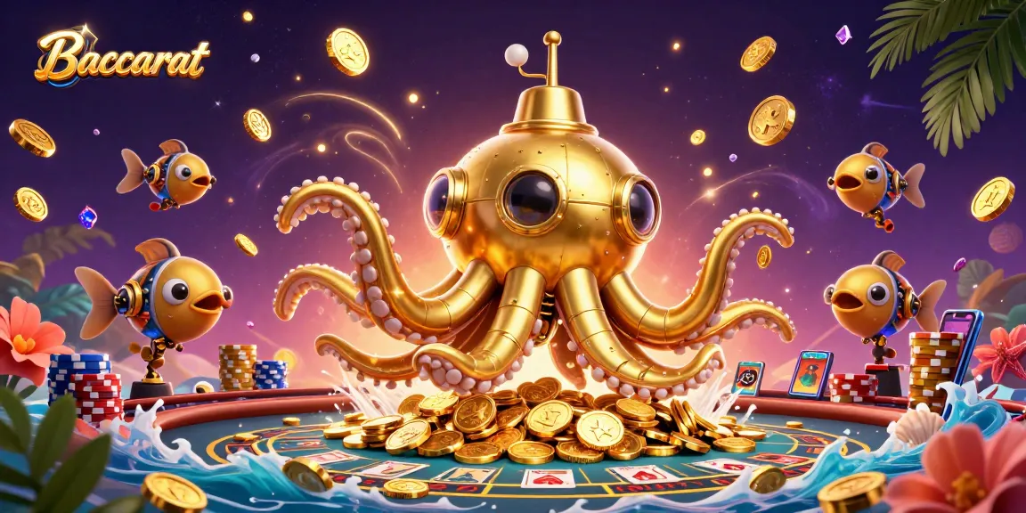Baccarat game scene featuring a golden kraken submarine with coins, poker chips, and a baccarat table.
