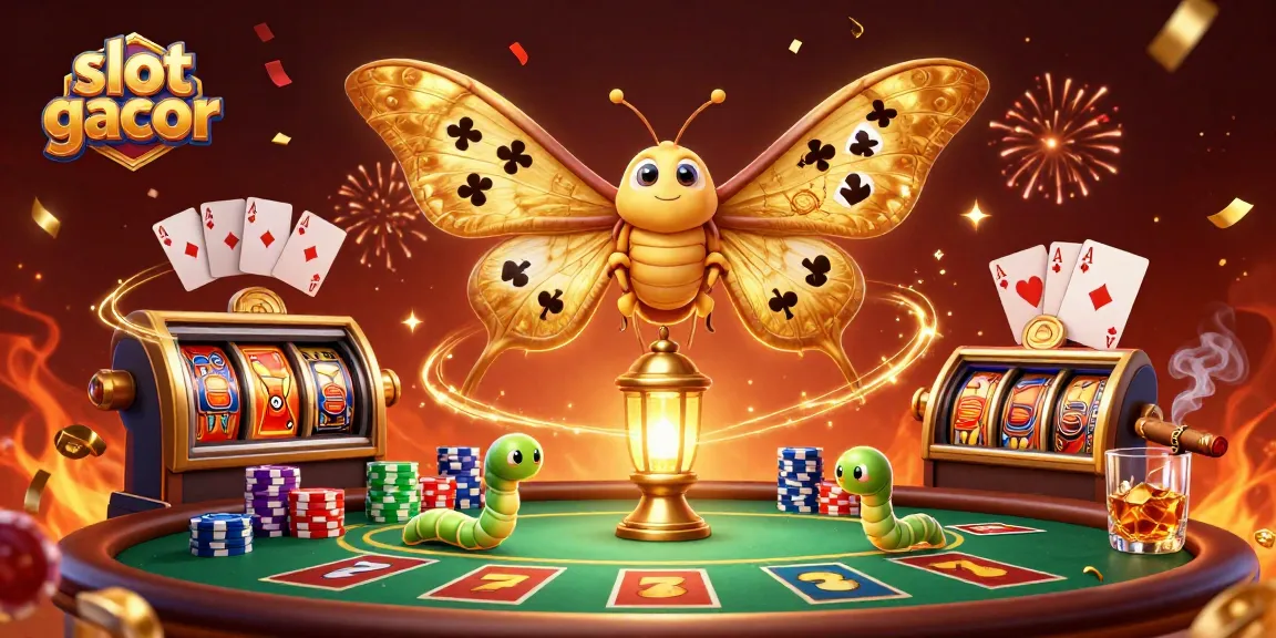 Mendapatkan slot gacor melalui ilustrasi dengan kupu-kupu 3D berkilau dan elemen kasino yang menakjubkan.