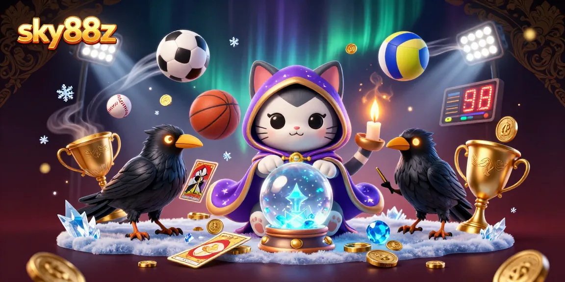 Players win exciting rewards at sky88z with a vibrant scene of fortune teller and sports icons.