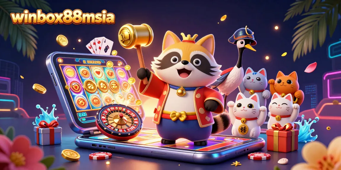 Winbox88msia live casino excitement, with playful characters amidst colorful slot games and riches.