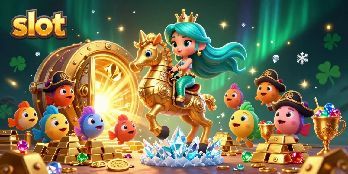 Memenangkan slot dengan mermaid dan kuda laut dalam ilustrasi kasino 3D yang berkilau