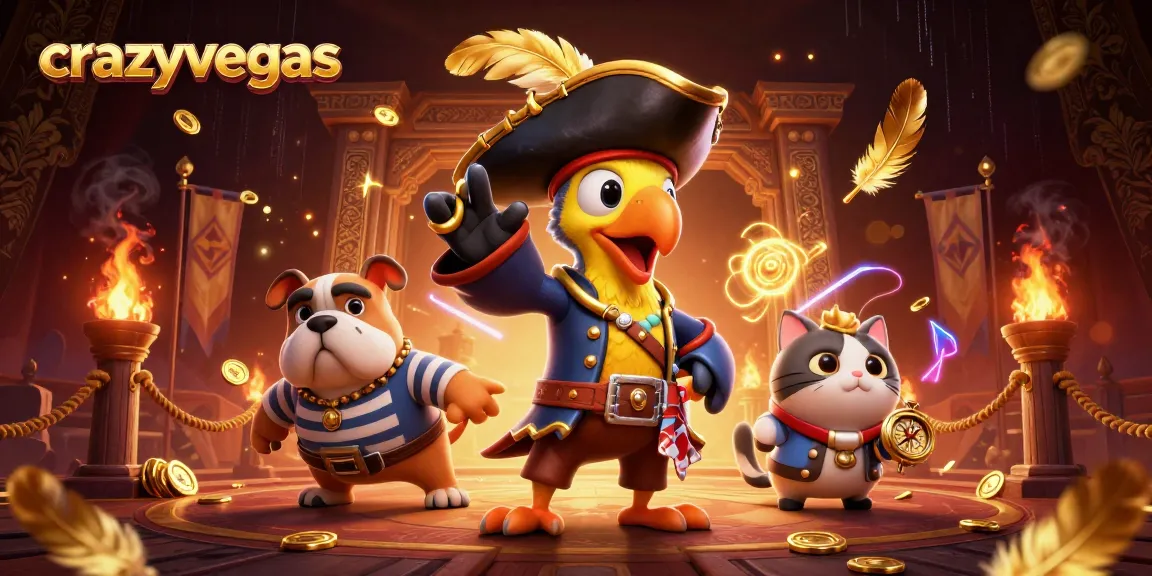 crazyvegas showcases a vivid 3D casino scene featuring a pirate captain and companions amidst rich gambling elements.