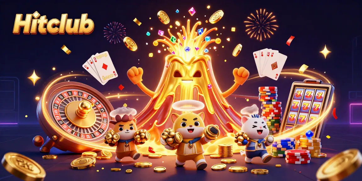 Hitclub unveils a triumphant volcano surrounded by treasure and dynamic casino elements in an engaging 3D scene.
