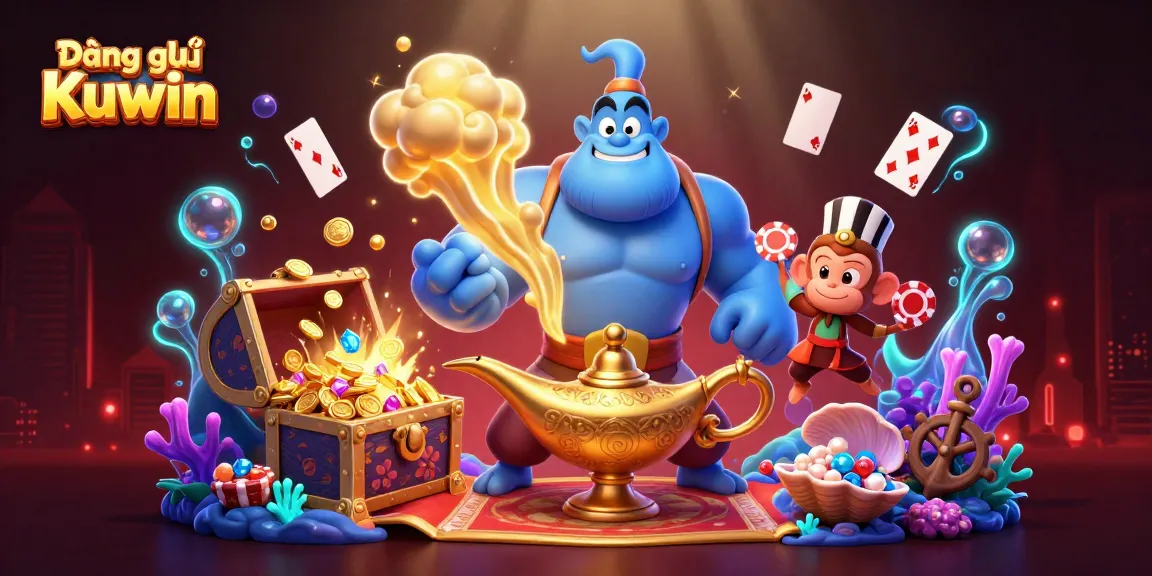 Engage in Đăng ký Kuwin with a dynamic scene featuring a blue genie and poker chips.