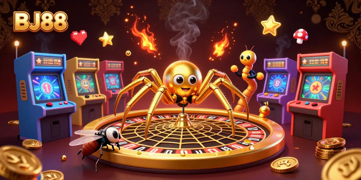 Engage in thrilling gaming action at BJ88 with a golden spider and centipede croupier in a vibrant casino setting.
