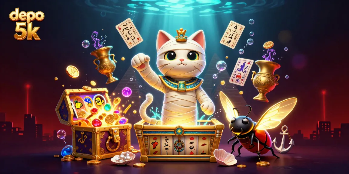 Experience thrilling action with depo 5k as the mummy cat spins fruit machines in a vibrant casino.