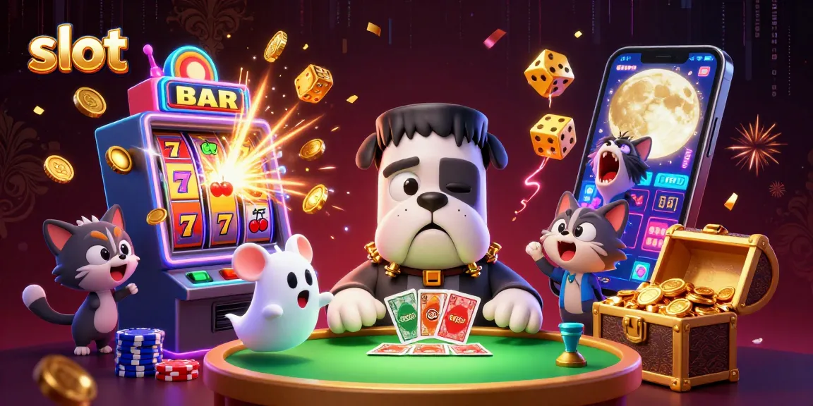 Menang jackpot slot di kasino dengan monster bulldog dan kucing serigala dalam ilustrasi 3D yang kaya warna.